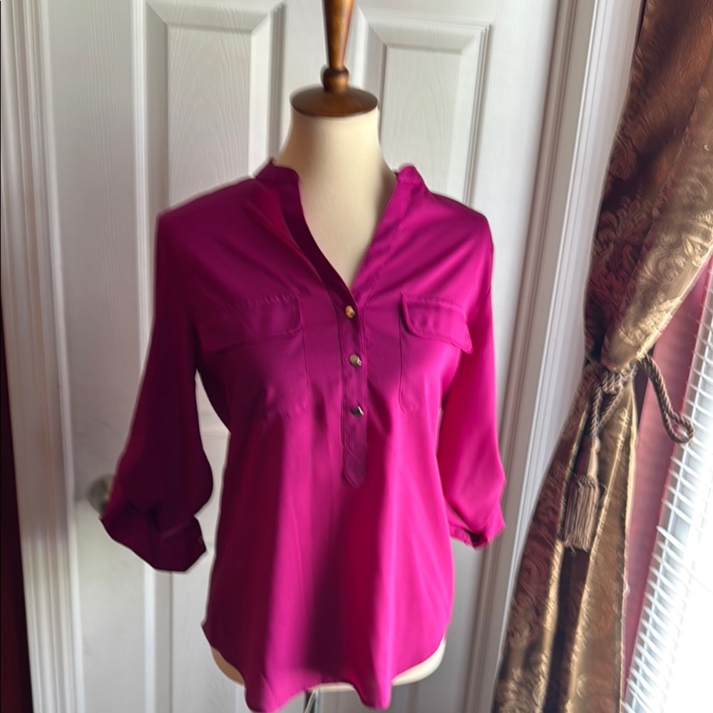 Ivanka Trump Pink 3/4 Sleeve Blouse with Mandarin Collar